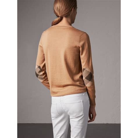 burberry check detail merino wool crew neck sweater|Check Label Wool Sweater in Nutmeg .